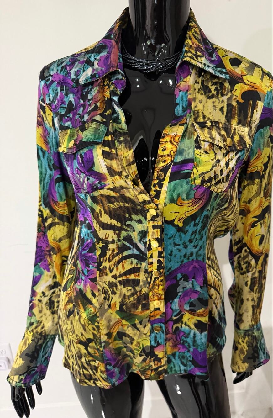 Cache Silk Blouse Size M Animal Baroque Print Gold Snap Button Y2K Vintage